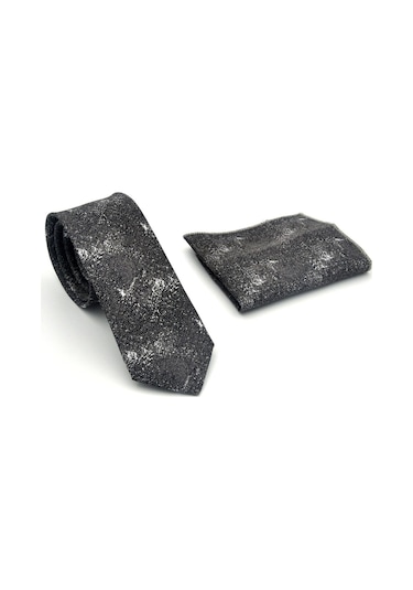 Gaffy Gri Desenli Füme Dokuma Kumaş Mendilli Slim Fit Kravat // Sdk-2613-3 Gri
