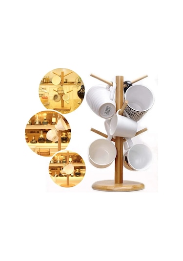 Vkemall Bambu Kupa Rakusu - 6 Bardaklı Organik Malzeme, Anti Kayma Tabanlı, Mutfak Düzenleyici, Doğa Stilinde Ahşap Rengi