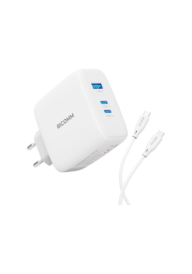 Ricomm 100W GaN 3 Portlu USB-C + USB-A QC5.0 PD Type-C Hızlı Şarj Cihazı + 100W Şarj Kablosu