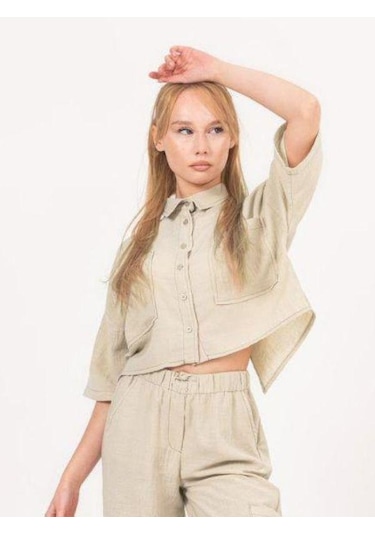 Kız Çocuk Gömlek Ceketli Bol Paça Pantolonlu Takım-13850 Bej