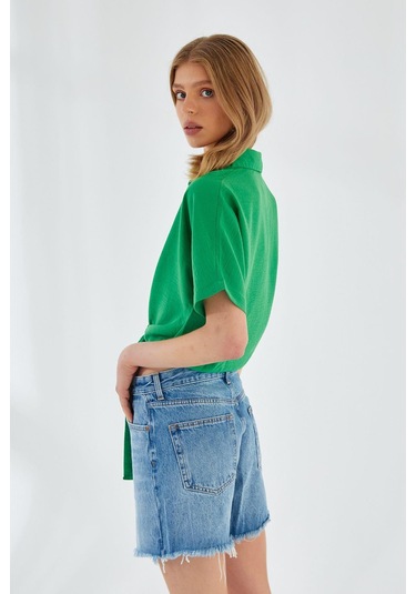 4230 Kadın Bağlamalı Yazlık Keten Gömlek Yeşil Yeşil