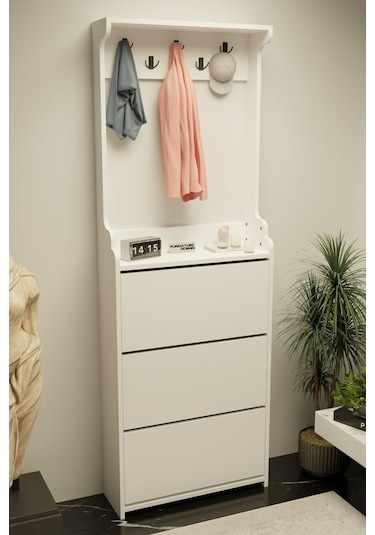 Modus Vestiyer Düşer Kapak Ayakkabılık 3 Raflı Beyaz Beyaz