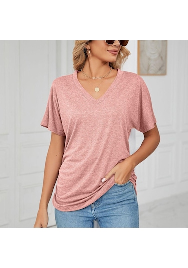 Bordo Hnxc Kadın Moda Günlük Yaz Düz Renk Baskı Kısa Kollu V Yaka Bluzlar Ve Gömlekler Bordo