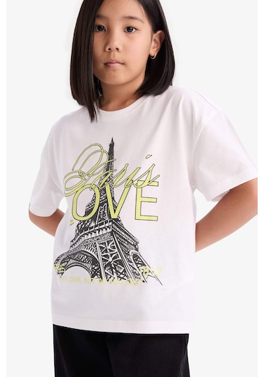 DeFacto Kız Çocuk Relax Fit Bisiklet Yaka Baskılı Kısa Kollu Tişört E0353A825SMWT34 Beyaz
