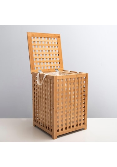 Büyük Boy Ahşap Bambu Kirli Sepeti 45x45x62 Diğer