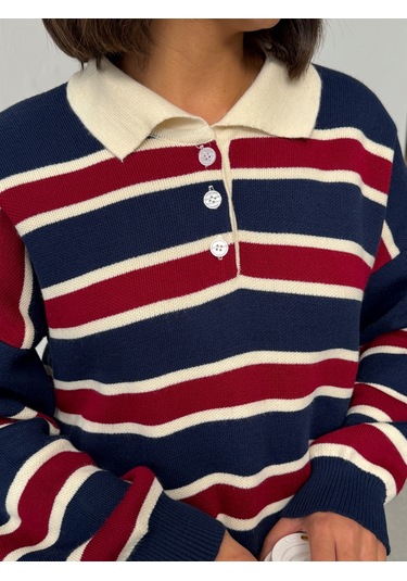 Kadın Polo Yaka Çizgili Triko Kazak Lacivert