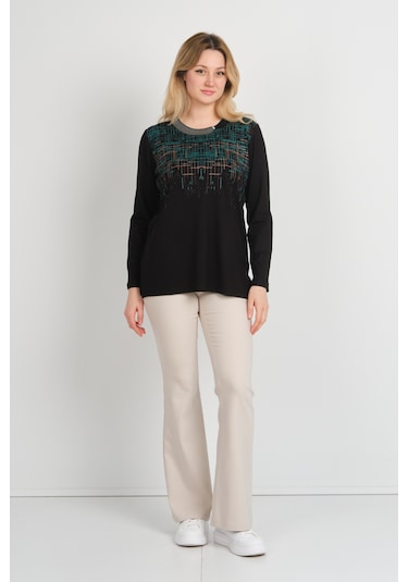 Detay Triko Kadın Taş Detaylı Desenli Yanları Yırtmaçlı Uzun Kol Anne Bluz 5741 Siyah Siyah
