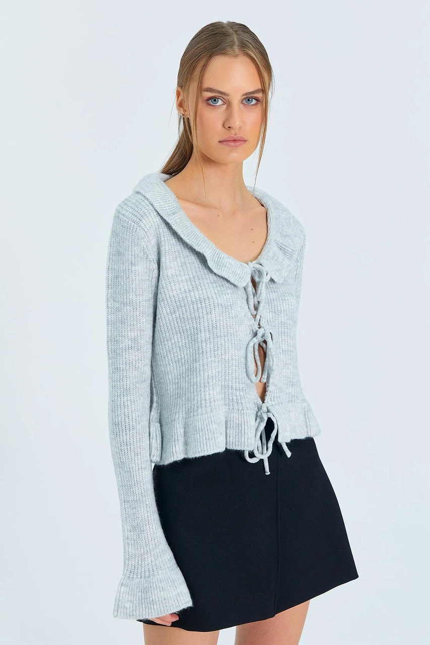 6899 Kadın Önden Bağcıklı Hırka Gri Gri