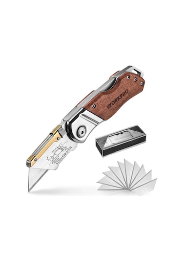 Workpro Wp211014 Ağır Hizmet Paslanmaz Çelik/ahşap Gövde Katlanır Rötuş Maket Bıçağı + 10 Adet Yedek Bıçak