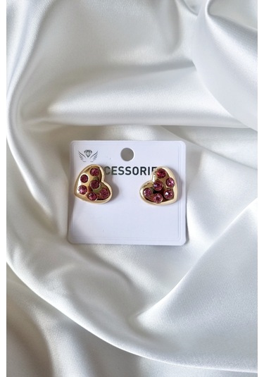 Trade Bazaar Moda Şık Tasarım Pembe Taşlı Kalp Küpe Altın