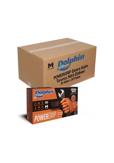 Dolphin Nitril Powergrip Ekstra Kalın Elmas Dokulu Eldiven Turuncu Meidum Orta Boy - 50'li Paket