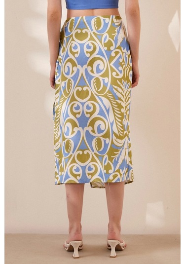 Never More Yırtmaçlı Desen Etek Mavi