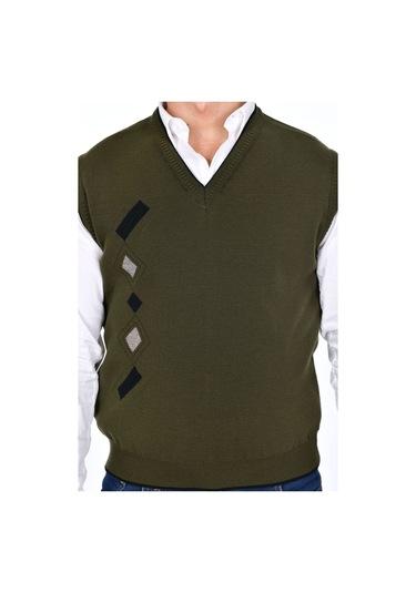 Kamalı Haki Erkek Çelik Örgü Kışlık Kalın Triko V Yaka Triko Örgü Tüylenmez Süveter Haki
