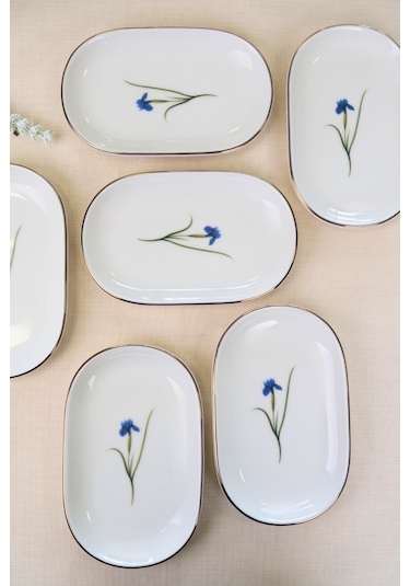 Tabak Evi Porselen Natura İris Altın Yaldızlı Oval Kayık Tabak 22,50x14,50x2,50cm 6 Lı Çok Renkli