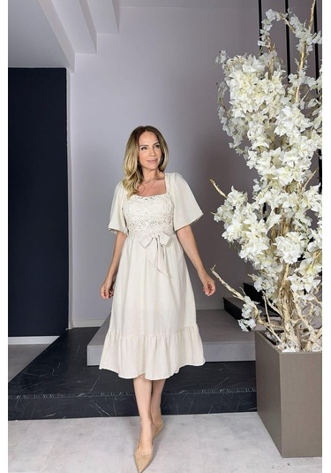 G1027 Dantel Detaylı Keten Elbise Bej-bej Bej