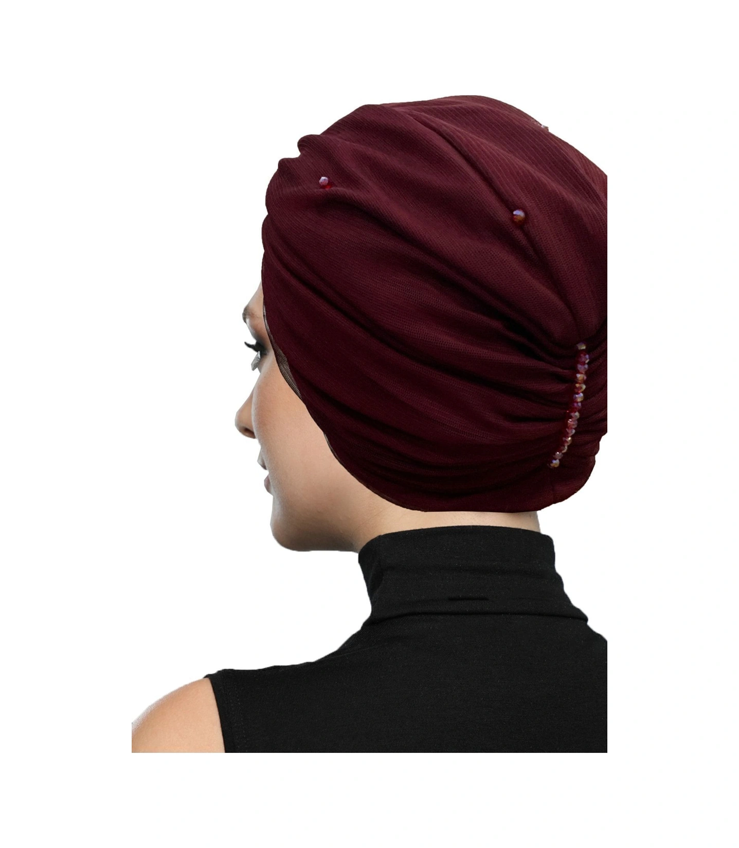 Kristal Tüllü Astarlı Bordo Hazır Türban Tesettür Abiye Bone Bordo