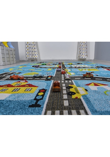 Konfor Halı 3 Boyutlu Mavi Trafik Arabalı Dokuma Çocuk Oyun Halısı Mavi