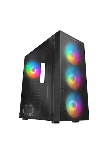 Everest Faced V5 600 W 4x12 CM RGB Fan ATX Temper Camlı Mid Tower Oyuncu Kasası Siyah
