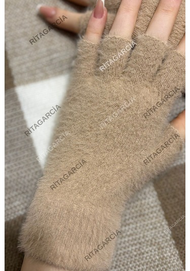 Peluş Kesik Parmak Eldiven Bej2