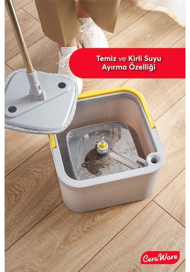 Ceraware Temiz İle Kirli Suyu Ayıran Kare Mop +2 Yedek Bez Hediyeli Otomatik Hijyen Temizlik Seti