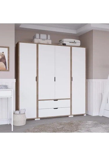 Nisan Açık Ceviz-beyaz 4 Kapılı 2 Çekmeceli Elbise Dolabı - Gardırop Seti Açık Ceviz & Beyaz