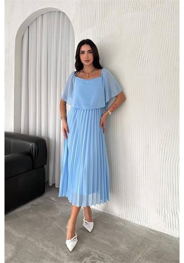 Dipmoda Kadın Madonna Yaka Piliseli Şifon Elbise Dpk2099 Bebe Mavisi
