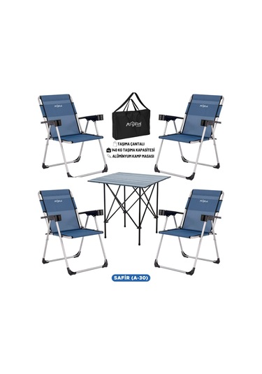 4 Adet Katlanır Kamp Sandalyesi Ve Alüminyum Masa Seti - Rock Dark - Safir - Taşıma Çantalı Çok Renkli