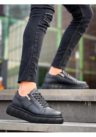 Kb-x155 Kuback Siyah Cilt Detaylı Siyah Yüksek Taban Günlük Spor Ayakkabı Siyah4 Siyah