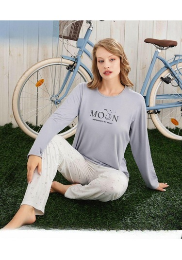 Pijamoni Kadın Milan Bisiklet Yaka Uzun Kol İnce Pijama Takımı 7600/24 - 1 Adet Gri