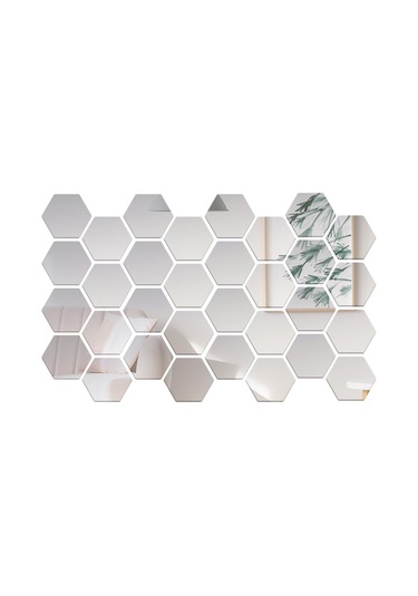Youmex 32 Adet Akrilik Hexagon Ayna Duvar Sticker - Dıy Ev Dekorasyonu - Çocuk Odası/yatak Odası/banyo Uygun - Gümüş Renk - 8x7x4cm Gümüş