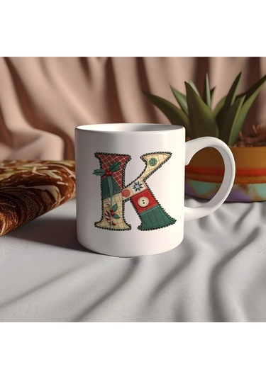 K Harfi Yılbaşı Temalı Kupa Bardak - Yeni Yıl Konsept Yamalı Efekt Tasarım - Noel Hediye Beyaz