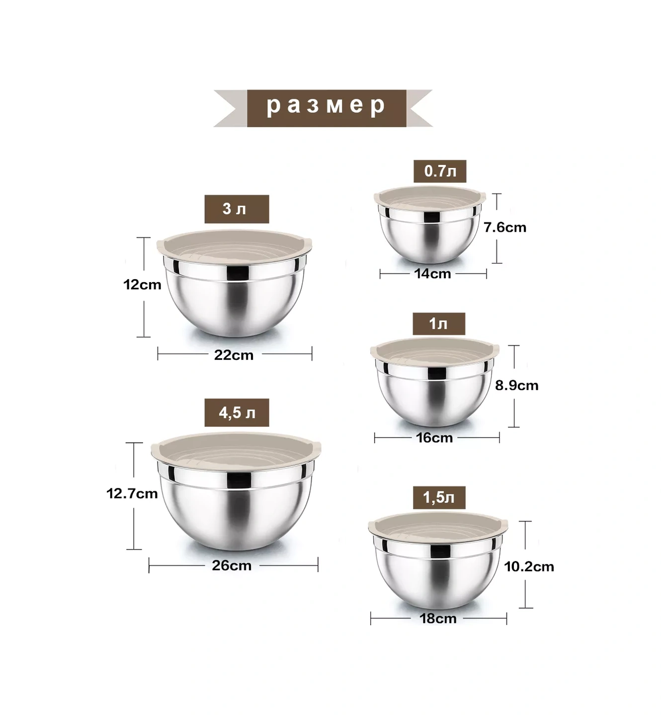 Haware 5'li Paslanmaz Çelik Kapaklı Kase Seti 211292476
