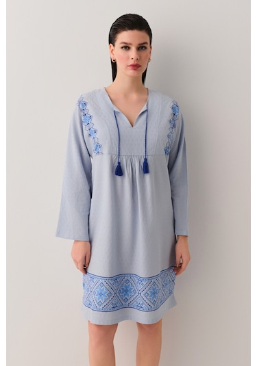 Suwen Etamine Kısa Plaj Elbisesi Sba25480015 Mavi