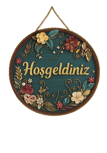Kapı Süsü Ahşap Mdf "hoşgeldiniz" Yazılı - Çiçek Desenli - 2d Flat - Uv Baskılı Yeşil