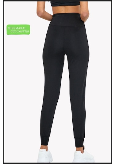 Kadın Eşofman Alt Siyah Curve Jogger Dalgıç Kumaş Yüksek Bel Çift Cepli Joggers 1061 Siyah