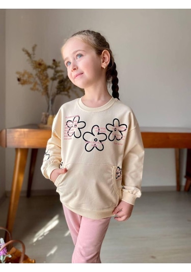 Çiçekli Kanguru Cepli Kız Çocuk 2'li Takım Pembe