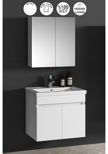 Çiğdem 55 Cm Beyaz Mdf Seramik Lavabolu Asma Banyo Dolabı Takımı Beyaz - Beyaz
