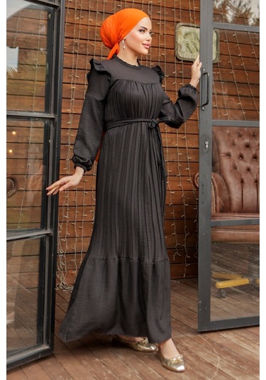 Fırfırlı Pilise Elbise 777 - Siyah