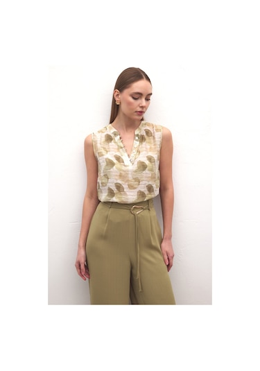 Sateen Kolsuz V Yaka Bluz - Haki-137193 haki