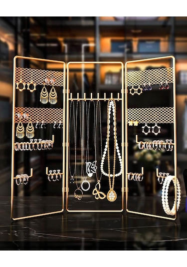 Takı Düzenleyici 3'Lü Altın Takı Organizeri Dekoratif Takılık Küpelik Bileklik Kolye Seti Standı Metal Gold