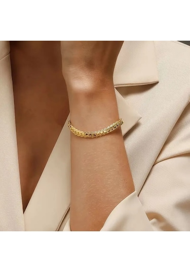 Silver İtalyan Ezme Yassı Yılan Çelik Unisex Set Tak... Altın