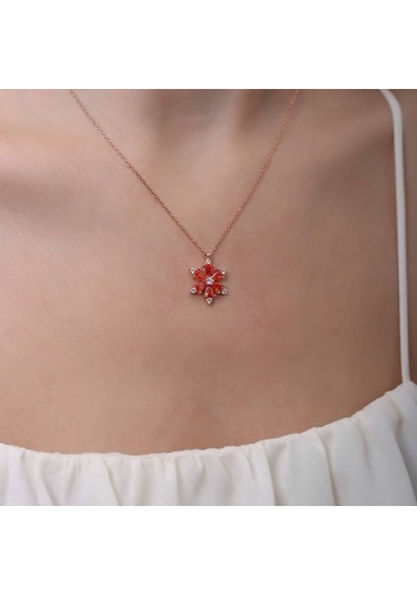 Zanaatsilver Gümüş Zincirli Garnet Taşli Rose Kaplama Lotus Kamelya Çiçeği Kolye