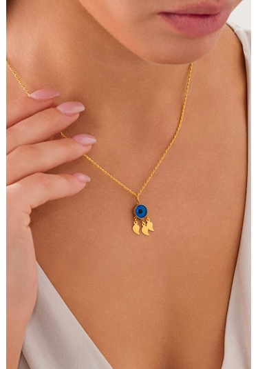 14 Ayar Altın Damla Pullu Mavi Gözlü Kolye Sarı