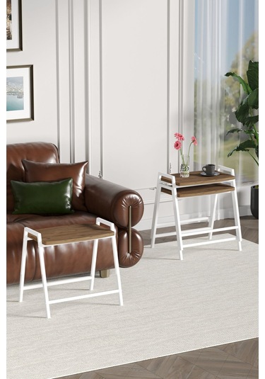 Zigon Sehpa , Aden 3'lü Tepsi Zigon Sehpa Takımı Beyaz Metal - Atlantik Çam Tabla Beyaz-atlantik Çam