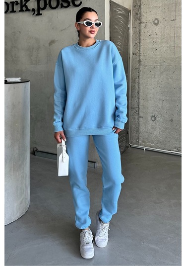 Modagen Unisex Bebe Mavi Bisiklet Yaka Düz Oversize Alt-üst Eşofman Takımı Bebe Mavi