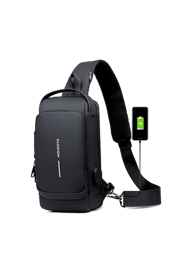 Arion USB Şarj Portlu ve Kilitli Omuz ve Göğüs Çantası Siyah