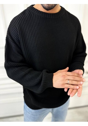 Kazak Oversize Çift Kat Örme Naturel Pamuk Bol Kesim Tüylenmeyen Salaş Triko Kazak Siyah