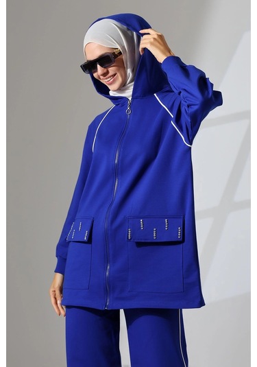 Kadın Saks Mavisi Mevsimlik Penye Alt Üst Spor Ve Rahat Ikili Tunik Pantolon Şık Tesettür Takım Saks Mavisi