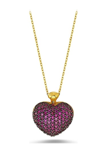 Fuşya Zirkon Taş Işlemeli Kalp Kolye (498566877)
