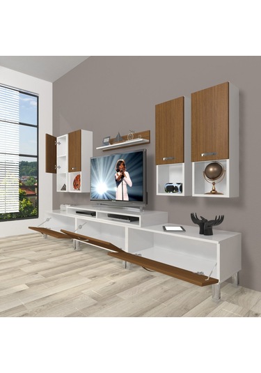 Decoraktiv Ekoflex 8da Slm Krom Ayaklı Tv Ünitesi Tv Sehpası Beyaz - Ceviz